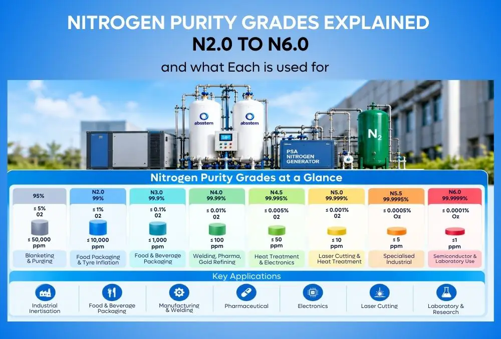 Nitrogen purity grades N2.0 to N6.0 with oxygen content in ppm and applications