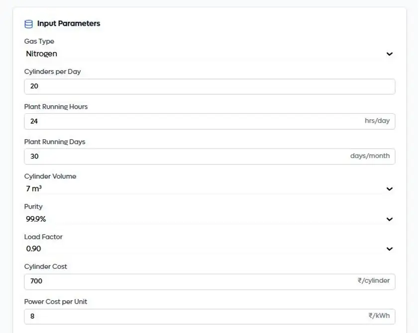 PSA Nitrogen VS Cylinder Input PSA vs cylinders calculator inputs